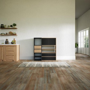 Wohnwand Schwarz - Individuelle Designer-Regalwand: Schubladen in Eiche & Türen in Schwarz - Hochwertige Materialien - 115 x 118 x 34 cm, Konfigurator