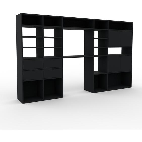 Wohnwand Schwarz - Individuelle Designer-Regalwand: Schubladen in Schwarz & Türen in Schwarz - Hochwertige Materialien - 267 x 157 x 35 cm, Konfigurator
