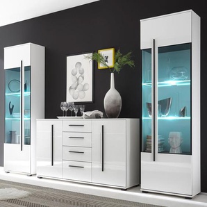 Wohnwand Set COLORADO-61 in weiß Hochglanz mit 2 Vitrinen inkl. led und großem Sideboard BxHxT: 300x200x42cm