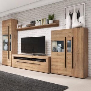 Wohnwand I 4-teilig Front: MDF Mitteldichte Holzfaserplatte , foliert Korpus: Spanplatte, beschichtet Braun/Eiche Grandson Dekor 310 x 204 x