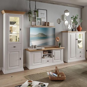 Wohnwand weiß ESBJERG-69 Landhausstil in Kiefer weiß lackiert mit Eiche massiv 4-teilig