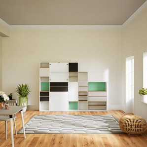 Wohnwand Weiß - Individuelle Designer-Regalwand: Schubladen in Graphitgrau & Türen in Weiß - Hochwertige Materialien - 267 x 195 x 34 cm, Konfigurator