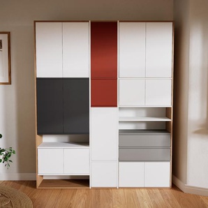 Wohnwand Weiß - Individuelle Designer-Regalwand: Schubladen in Grau & Türen in Weiß - Hochwertige Materialien - 190 x 233 x 34 cm, Konfigurator