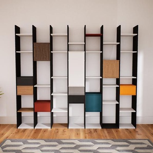 Wohnwand Weiß - Individuelle Designer-Regalwand: Schubladen in Schwarz & Türen in Eiche - Hochwertige Materialien - 272 x 232 x 34 cm, Konfigurator