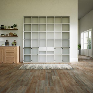 Wohnwand Weiß - Individuelle Designer-Regalwand: Schubladen in Weiß & Türen in Kristallglas klar - Hochwertige Materialien - 233 x 233 x 37 cm, Konfigurator