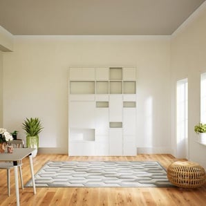 Wohnwand Weiß - Individuelle Designer-Regalwand: Schubladen in Weiß & Türen in Weiß - Hochwertige Materialien - 192 x 252 x 34 cm, Konfigurator