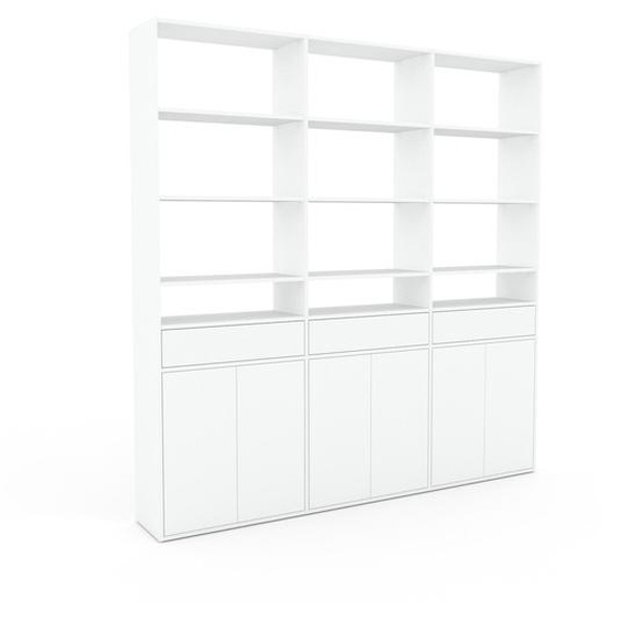 Wohnwand Weiß - Individuelle Designer-Regalwand: Schubladen in Weiß & Türen in Weiß - Hochwertige Materialien - 226 x 233 x 35 cm, Konfigurator