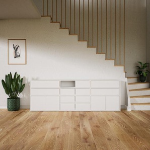 Wohnwand Weiß - Individuelle Designer-Regalwand: Schubladen in Weiß & Türen in Weiß - Hochwertige Materialien - 228 x 79 x 34 cm, Konfigurator