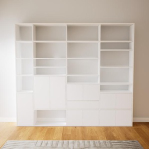Wohnwand Weiß - Individuelle Designer-Regalwand: Schubladen in Weiß & Türen in Weiß - Hochwertige Materialien - 264 x 232 x 34 cm, Konfigurator