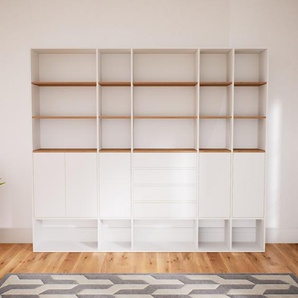 Wohnwand Weiß - Individuelle Designer-Regalwand: Schubladen in Weiß & Türen in Weiß - Hochwertige Materialien - 267 x 233 x 34 cm, Konfigurator