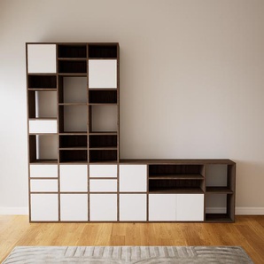 Wohnwand Weiß - Individuelle Designer-Regalwand: Schubladen in Weiß & Türen in Weiß - Hochwertige Materialien - 269 x 233 x 34 cm, Konfigurator