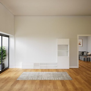 Wohnwand Weiß - Individuelle Designer-Regalwand: Schubladen in Weiß & Türen in Weiß - Hochwertige Materialien - 303 x 195 x 34 cm, Konfigurator