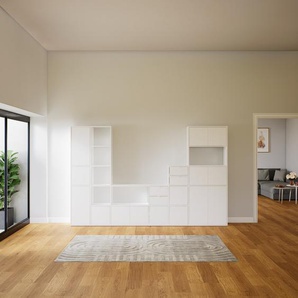 Wohnwand Weiß - Individuelle Designer-Regalwand: Schubladen in Weiß & Türen in Weiß - Hochwertige Materialien - 305 x 195 x 34 cm, Konfigurator