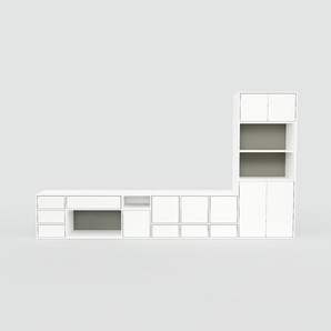 Wohnwand Weiß - Individuelle Designer-Regalwand: Schubladen in Weiß & Türen in Weiß - Hochwertige Materialien - 344 x 194 x 47 cm, Konfigurator