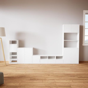 Wohnwand Weiß - Individuelle Designer-Regalwand: Schubladen in Weiß & Türen in Weiß - Hochwertige Materialien - 344 x 195 x 34 cm, Konfigurator