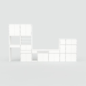 Wohnwand Weiß - Individuelle Designer-Regalwand: Schubladen in Weiß & Türen in Weiß - Hochwertige Materialien - 452 x 252 x 53 cm, Konfigurator