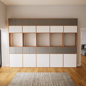 Wohnwand Weiß - Individuelle Designer-Regalwand: Türen in Grau - Hochwertige Materialien - 375 x 273 x 34 cm, Konfigurator