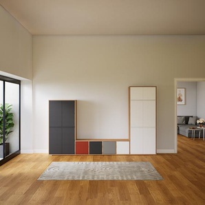 Wohnwand Weiß - Individuelle Designer-Regalwand: Türen in Weiß - Hochwertige Materialien - 305 x 196 x 34 cm, Konfigurator