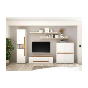Wohnwand - weiß - Materialmix - 350 cm - 45 cm | Möbel Kraft
