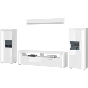 Wohnwand - weiß - Materialmix - 351 cm - 202 cm - cm 46,0 | Möbel Kraft