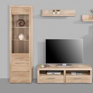 Wohnwand WOLTRA Falco Kastenmöbel-Sets Gr. B/H/T: 250 cm x 190 cm x 35 cm, weiß (eiche gekalkt teilmassiv) Holzstruktur Wohnwände Fronten aus Massivholz