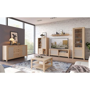 Wohnzimmer Komplett Set CREMONA-129 in Eiche Nb. mit Wiener Geflecht Nb. - braun