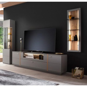 Wohnzimmer Schrankwand SAVANNAH-05 in grau mit Eiche inkl. TV-Element, Vitrine und Wandregal, b/h/t ca. 366/207/50 cm