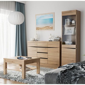 Wohnzimmer Set Sideboard, Vitrine mit Beleuchtung, Couchtisch SANFORD-129 in Eiche hell Nb.