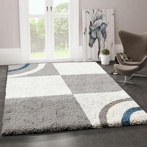 Wohnzimmer Teppich Hochflor Shaggy Deko kariert streifen Turkis Creme Grau Pflegeleicht Modern,140x200 cm
