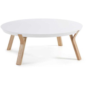 Wohnzimmer Tisch mit runder weißer Tischplatte 4-Fußgestell aus Eiche Massivholz