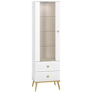 Wohnzimmer Vitrinenschrank in weiß Hochglanz mit goldfarbenen Griffen und Füßen GUBIN-131 inkl. led Beleuchtung, b/h/t: ca. 55/190/40 cm