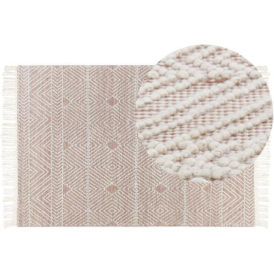 Wollteppich Beige und Braun 160 x 230 cm Geometrisches Muster mit Quasten Handgewebtes Wohnzimmer Schlafzimmer Boho Modern