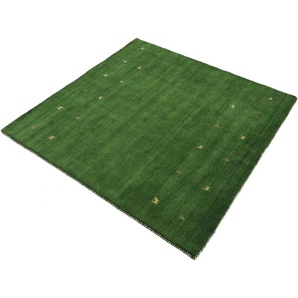 Wollteppich CARPETFINE Gabbeh-Uni Teppiche Gr. B/L: 120 cm x 120 cm, 15 mm, 1 St., grün Orientalische Muster reine Wolle, handgewebt, Gabbeh Loom Tiermotiv, Sonderform Quadrat