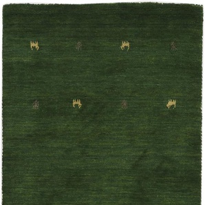 Wollteppich CARPETFINE Gabbeh Uni Teppiche Gr. B/L: 75 cm x 200 cm, 15 mm, 1 St., grün Gabbeh-Teppiche reine Wolle, handgewebt, Gabbeh Loom Tiermotiv, auch als Läufer