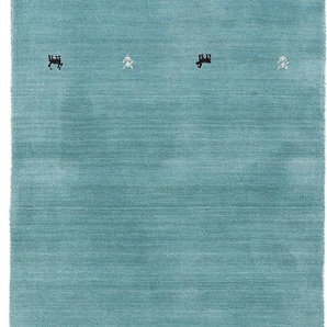 Wollteppich CARPETFINE Gabbeh Uni Teppiche Gr. B/L: 80 cm x 300 cm, 15 mm, 1 St., blau (türkis) Orientalische Muster reine Wolle, handgewebt, Gabbeh Loom Tiermotiv, auch als Läufer