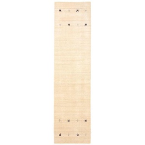 Wollteppich CARPETFINE Gabbeh Uni Teppiche Gr. B/L: 80 cm x 350 cm, 15 mm, 1 St., weiß Orientalische Muster reine Wolle, handgewebt, Gabbeh Loom Tiermotiv, auch als Läufer