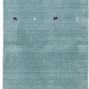 Wollteppich CARPETFINE Gabbeh Uni Teppiche Gr. B/L: 80 cm x 400 cm, 15 mm, 1 St., blau (türkis) Orientalische Muster reine Wolle, handgewebt, Gabbeh Loom Tiermotiv, auch als Läufer