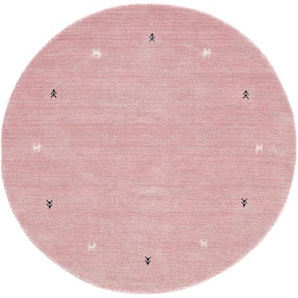 Wollteppich CARPETFINE Gabbeh Uni Teppiche Gr. Ø 120 cm, 15 mm, 1 St., rosa Orientalische Muster reine Wolle handgewebt, Gabbeh Tiermotiv warmes Raumklima viele Größen
