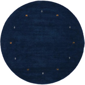 Wollteppich CARPETFINE Gabbeh Uni Teppiche Gr. Ø 150 cm, 15 mm, 1 St., blau Orientalische Muster reine Wolle handgewebt, Gabbeh Tiermotiv warmes Raumklima viele Größen