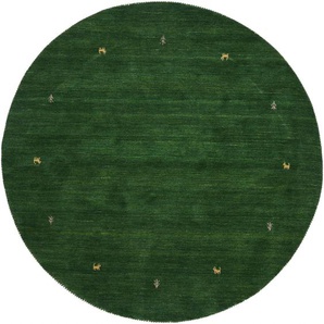 Wollteppich CARPETFINE Gabbeh Uni Teppiche Gr. Ø 150 cm, 15 mm, 1 St., grün Orientalische Muster reine Wolle handgewebt, Gabbeh Tiermotiv warmes Raumklima viele Größen
