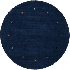 Wollteppich CARPETFINE Gabbeh Uni Teppiche Gr. Ø 300 cm, 15 mm, 1 St., blau Gabbehteppich Handwebteppich Kurzflorteppich Orientteppich Schurwollteppich Teppich Webteppich Orientalische Muster Teppiche reine Wolle handgewebt, Gabbeh Tiermotiv warmes