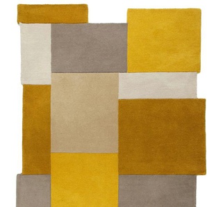 Wollteppich FLAIR RUGS Abstract Collage Teppiche Gr. B/L: 120 cm x 180 cm, 11 mm, 1 St., gelb (ocker) Esszimmerteppiche 100% Wolle, Karo Design, Patchwork, modern, mehrfarbig