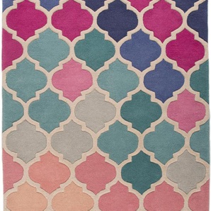 Wollteppich FLAIR RUGS Rosella Teppiche Gr. B/L: 120 cm x 170 cm, 10 mm, 1 St., pink (pink, blau) Schurwollteppiche 100% Wolle, mehrfarbig, Ornamente, mit Hoch-Tief-Effekt