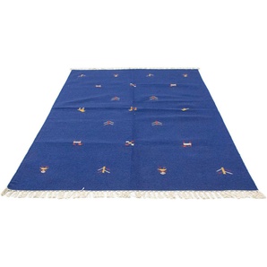 Wollteppich Kelim Teppich handgewebt blau, morgenland, rechteckig, Höhe: 6 mm, Kurzflor