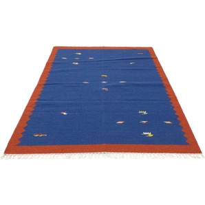 Wollteppich Kelim Teppich handgewebt blau, morgenland, rechteckig, Höhe: 6 mm, Kurzflor