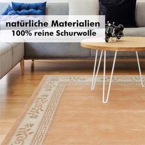 Wollteppich LUXOR LIVING Adour Teppiche Gr. B/L: 120 cm x 180 cm, 18 mm, 1 St., orange (apricot) Schurwollteppiche reine Wolle, handgeknüpft, mit Bordüre und Fransen, Wohnzimmer