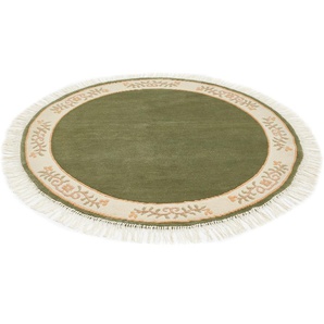 Wollteppich LUXOR LIVING Giza Teppiche Gr. Ø 150 cm, 12 mm, 1 St., grün Fransenteppich Esszimmerteppiche reine Wolle, handgeknüpft, mit Bordüre und Fransen, Orient-Teppich