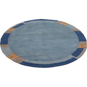 Wollteppich LUXOR LIVING India Teppiche Gr. Ø 150 cm, 20 mm, 1 St., blau Esszimmerteppiche reine Wolle, handgeknüpft, mit Bordüre