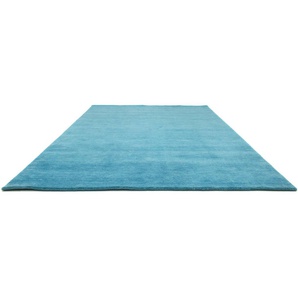 Wollteppich MORGENLAND GABBEH FEIN UNI Teppiche Gr. B/L: 140 cm x 200 cm, 18 mm, 1 St., blau (türkis) Schurwollteppiche reine Schurwolle, uni, Wohnzimmer
