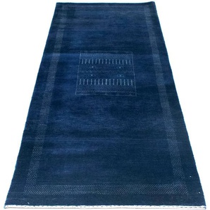 Wollteppich MORGENLAND Loribaft Teppich handgeknüpft dunkelblau Teppiche Gr. B/L: 80 cm x 242 cm, 18 mm, 1,94 m², 1 St., blau (dunkelblau) Küchenteppiche handgeknüpft